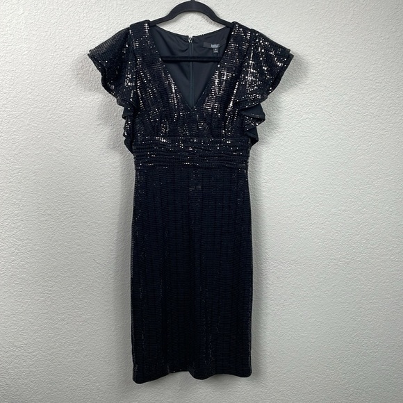 NWT Badgley Mischka Sequin Flutter Sleeve Sheath Dress Sparkle Party Black Sz 2 - Picture 4 of 17